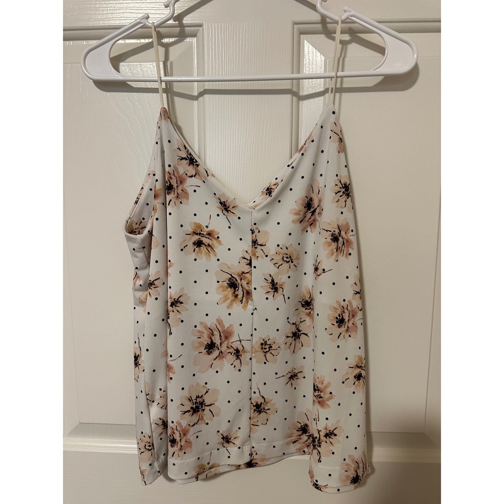 Maurices Cami Womens Large Cream Floral Polka Dot Spaghetti Strap V-Neck Top
